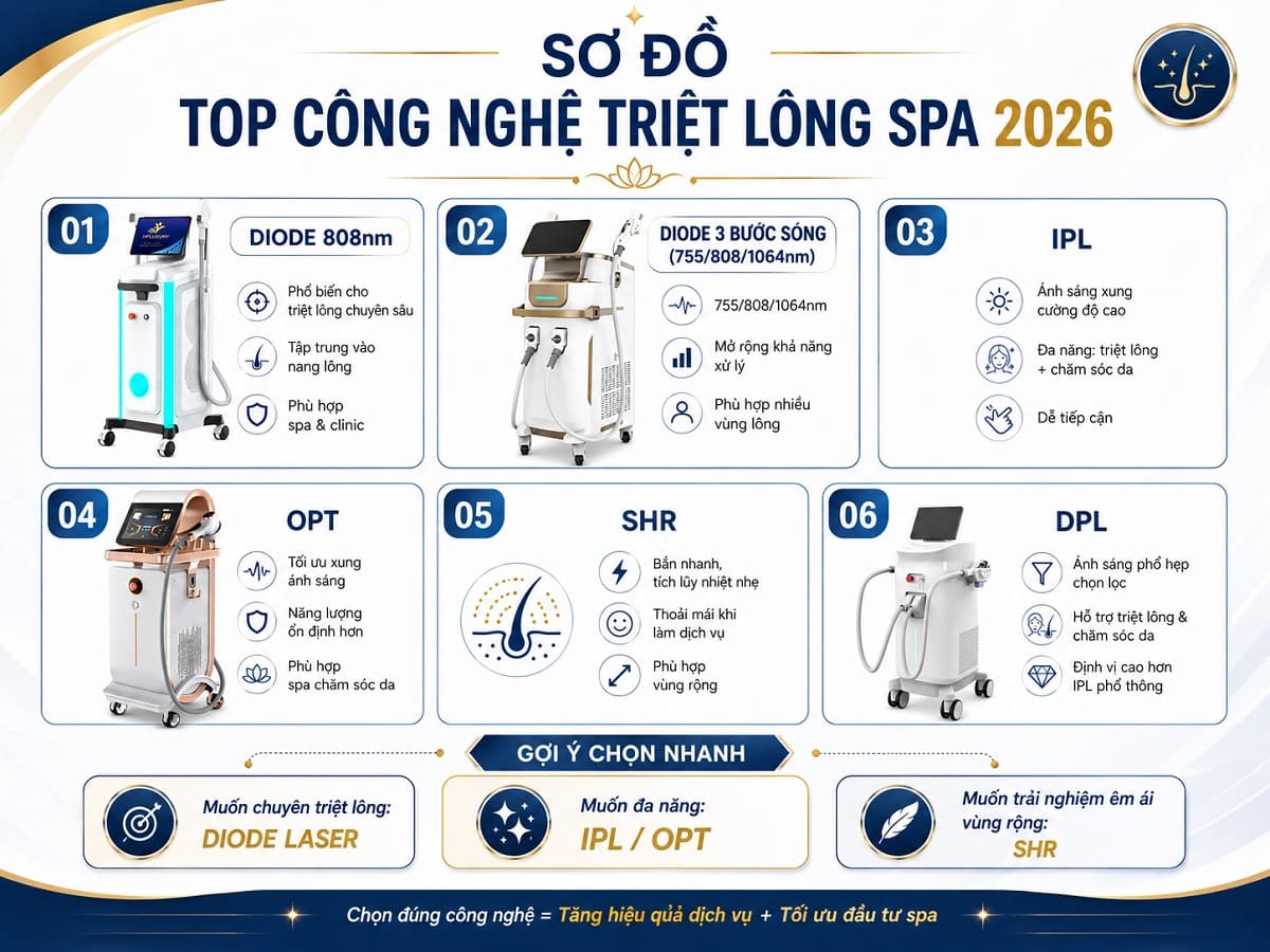 Sơ đồ top công nghệ máy triệt lông spa 2026 gồm máy triệt lông diode laser và ipl tại HPMED