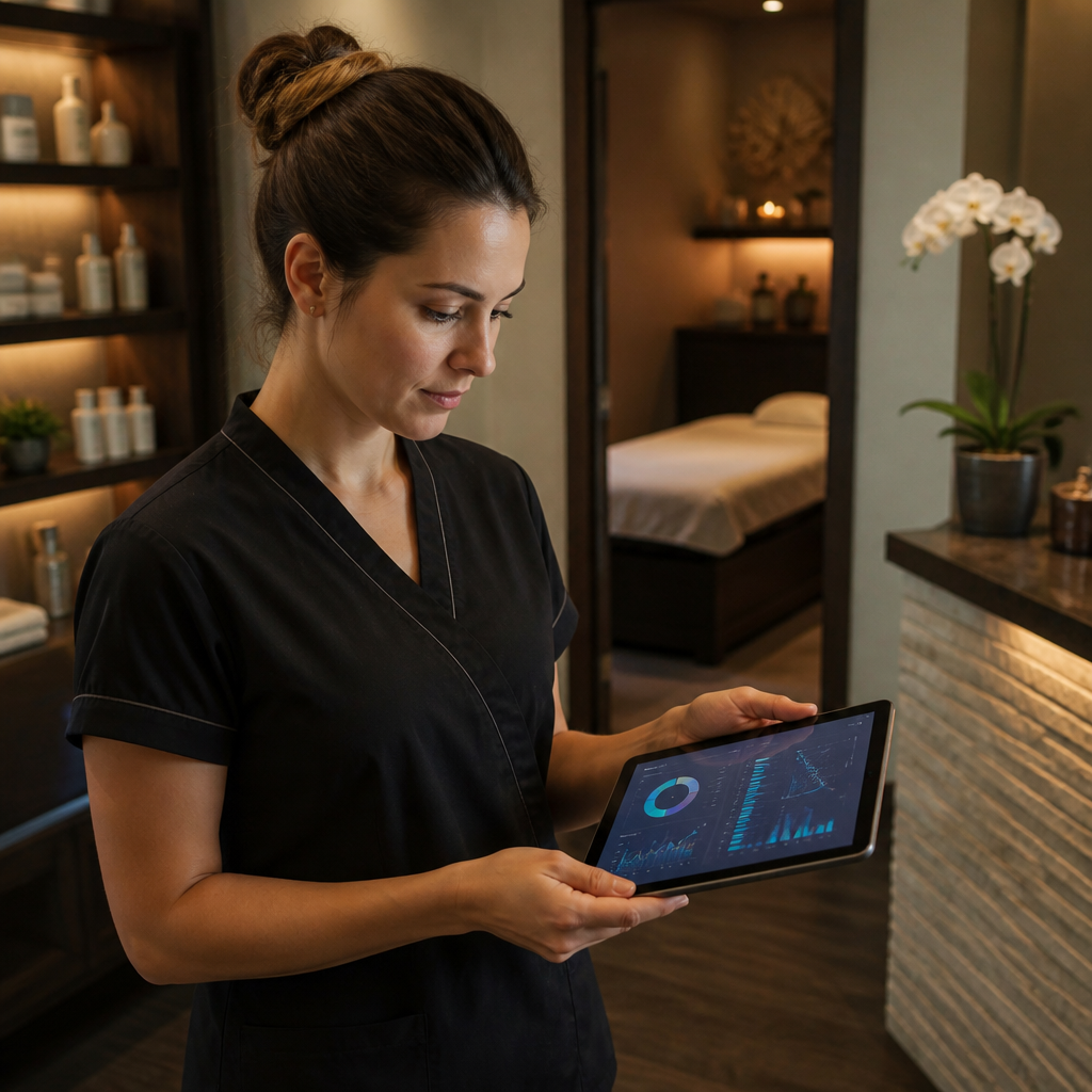 Chủ spa xem xét báo cáo phân tích kinh doanh trên máy tính bảng
