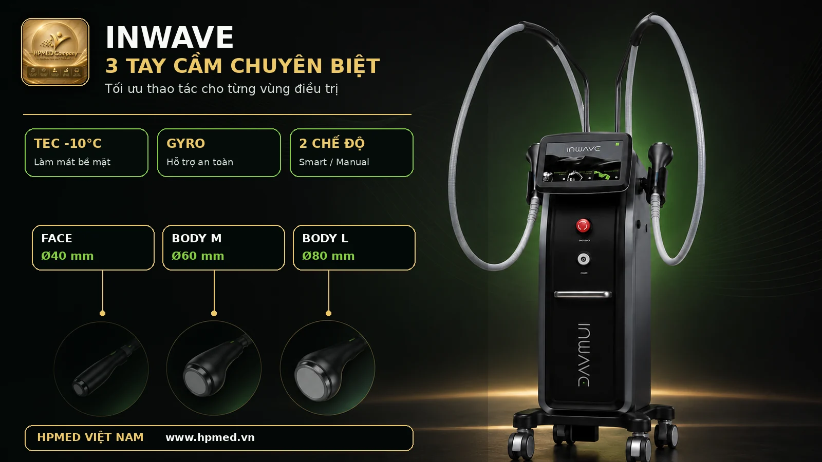 Máy INWAVE và ba tay cầm FACE 40 mm, BODY M 60 mm, BODY L 80 mm