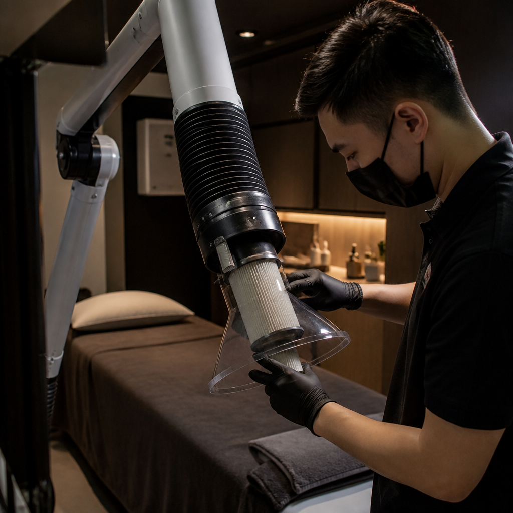 Kỹ thuật viên đang kiểm tra và bảo trì máy hút khói CO2 laser 2026 tại một spa chuyên nghiệp, đảm bảo thiết bị hoạt động hiệu quả.