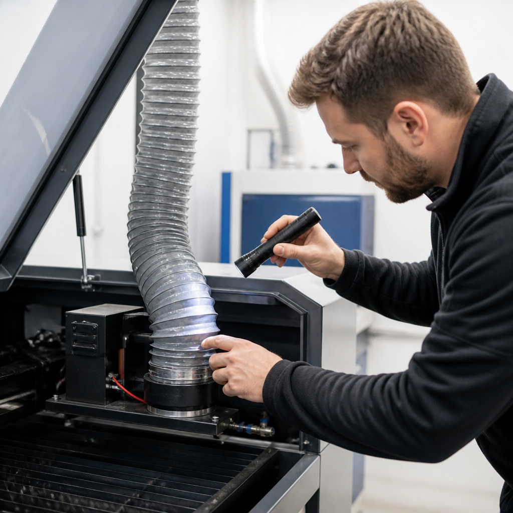 Một kỹ thuật viên đang kiểm tra kỹ lưỡng hệ thống ống dẫn khói của máy laser CO2, đảm bảo không có rò rỉ hay tắc nghẽn.