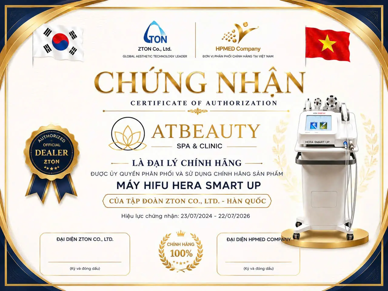 Chứng nhận liên quan đến máy HIFU Hera Smart Up được trao cho ATBEAUTY