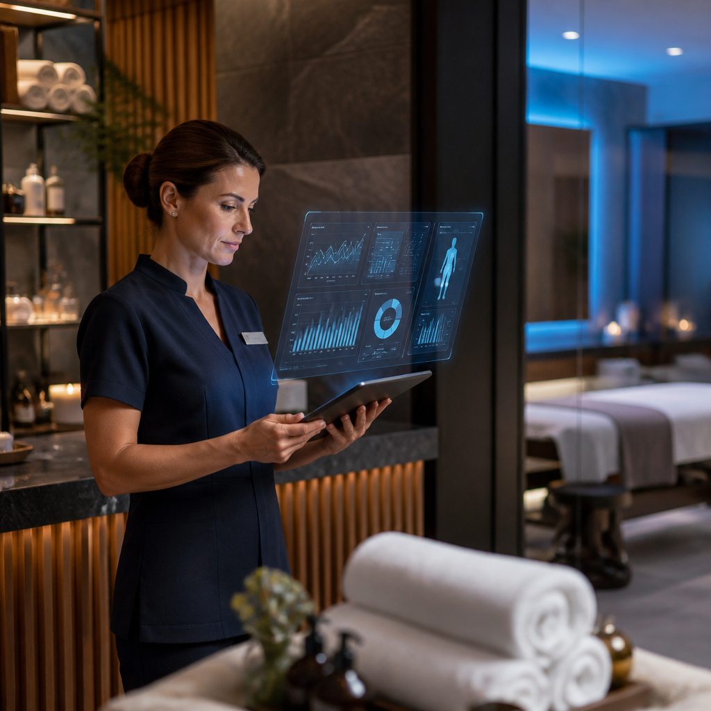 Đánh Giá Hiệu Quả Đầu Tư Thiết Bị Spa 2026: Ứng Dụng AI Cho Quyết Định Chính Xác 3 Quản lý spa xem xét dữ liệu phân tích từ hệ thống AI để đưa ra quyết định đầu tư