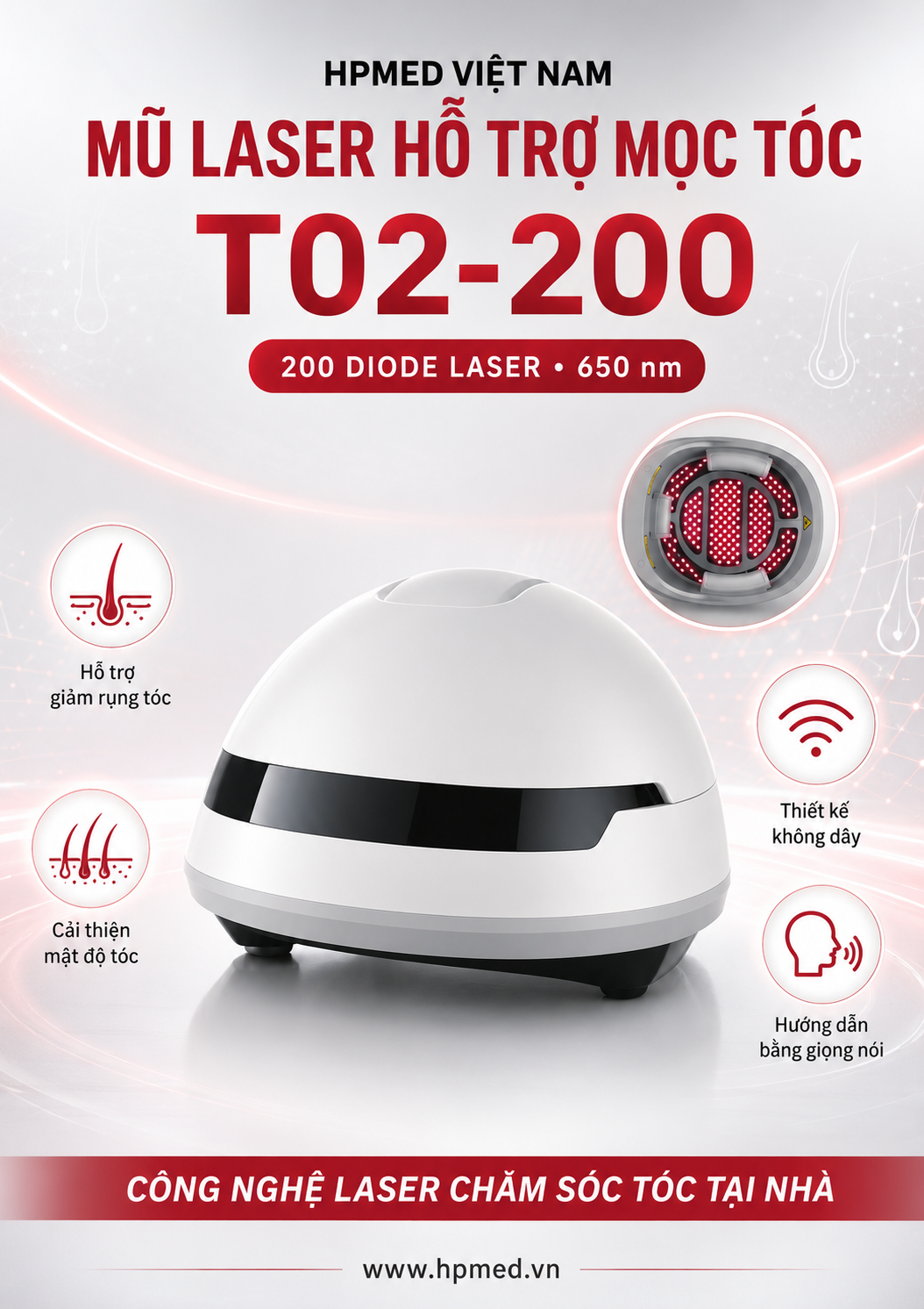 Mũ laser hỗ trợ mọc tóc T02-200 với 200 diode laser 650nm