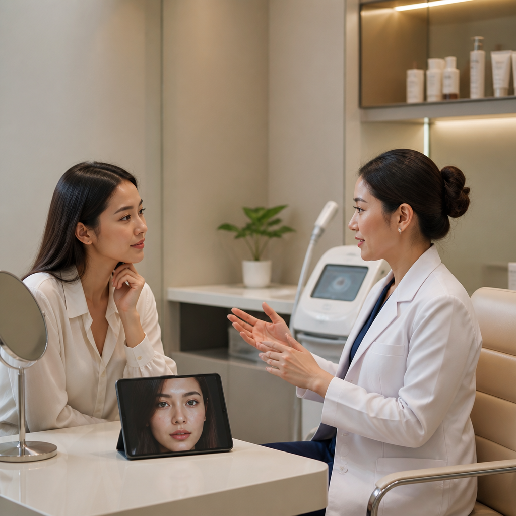 Chuyên gia thẩm mỹ đang tư vấn cho khách hàng về liệu trình fusion plasma và kiểm tra tình trạng da trên máy phân tích da hiện đại