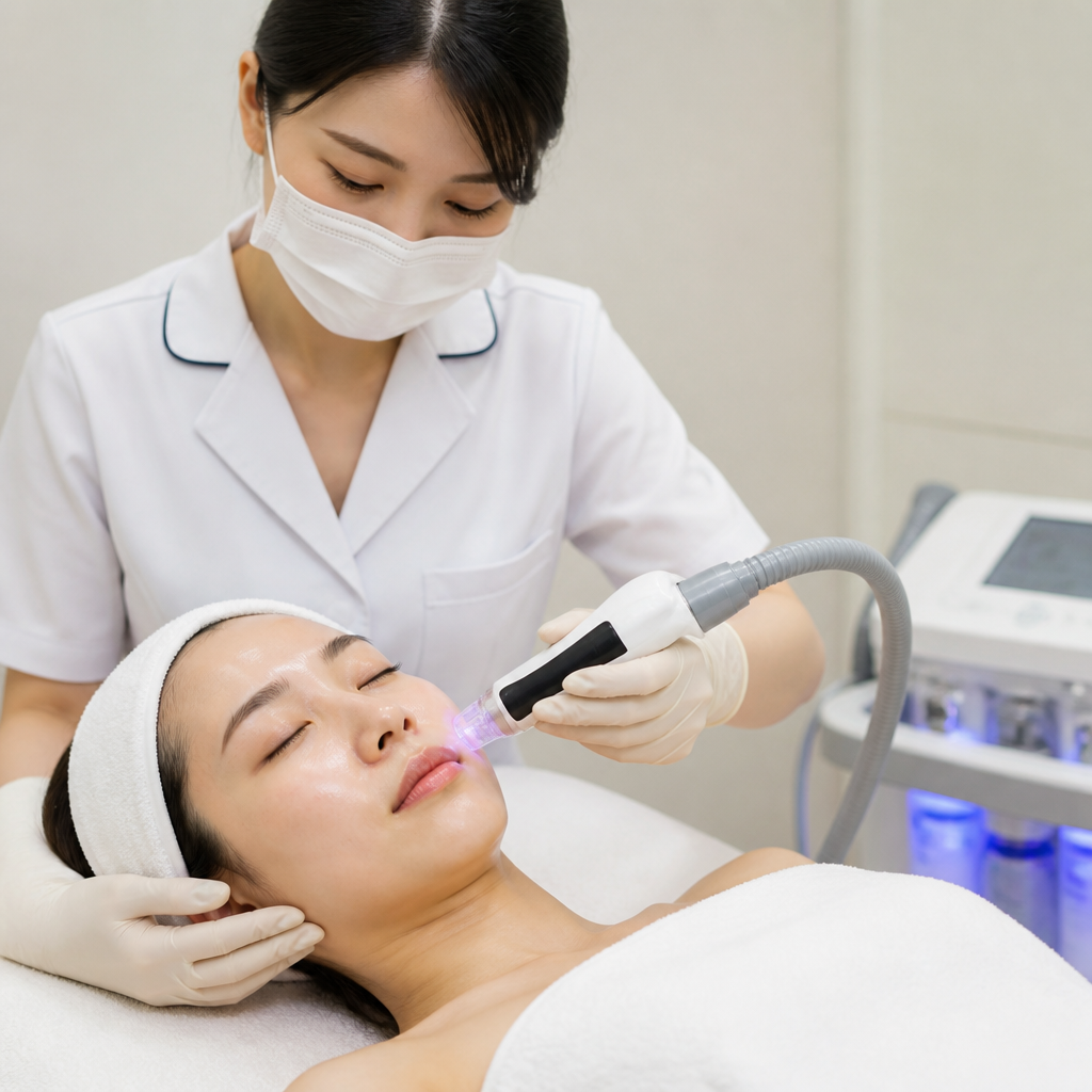 Chuyên gia đang sử dụng máy plasma fusion trên khuôn mặt khách hàng để điều trị các vấn đề về da, với sự tập trung và cẩn trọng