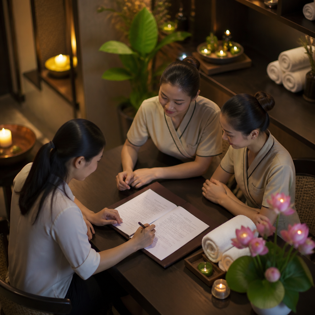 Beginner's Guide 2026: Hợp Đồng Đào Tạo Spa – Các Điều Khoản Quan Trọng & Pháp Lý Cần Biết 4 Học viên và đại diện trung tâm ký kết hợp đồng đào tạo nghề spa, thể hiện sự minh bạch và cam kết giữa hai bên.