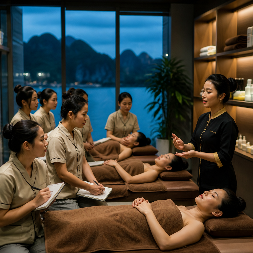 Beginner's Guide 2026: Hợp Đồng Đào Tạo Spa – Các Điều Khoản Quan Trọng & Pháp Lý Cần Biết 5 Một lớp học spa chuyên nghiệp với giảng viên hướng dẫn học viên thực hành các kỹ thuật chăm sóc da bằng thiết bị hiện đại.