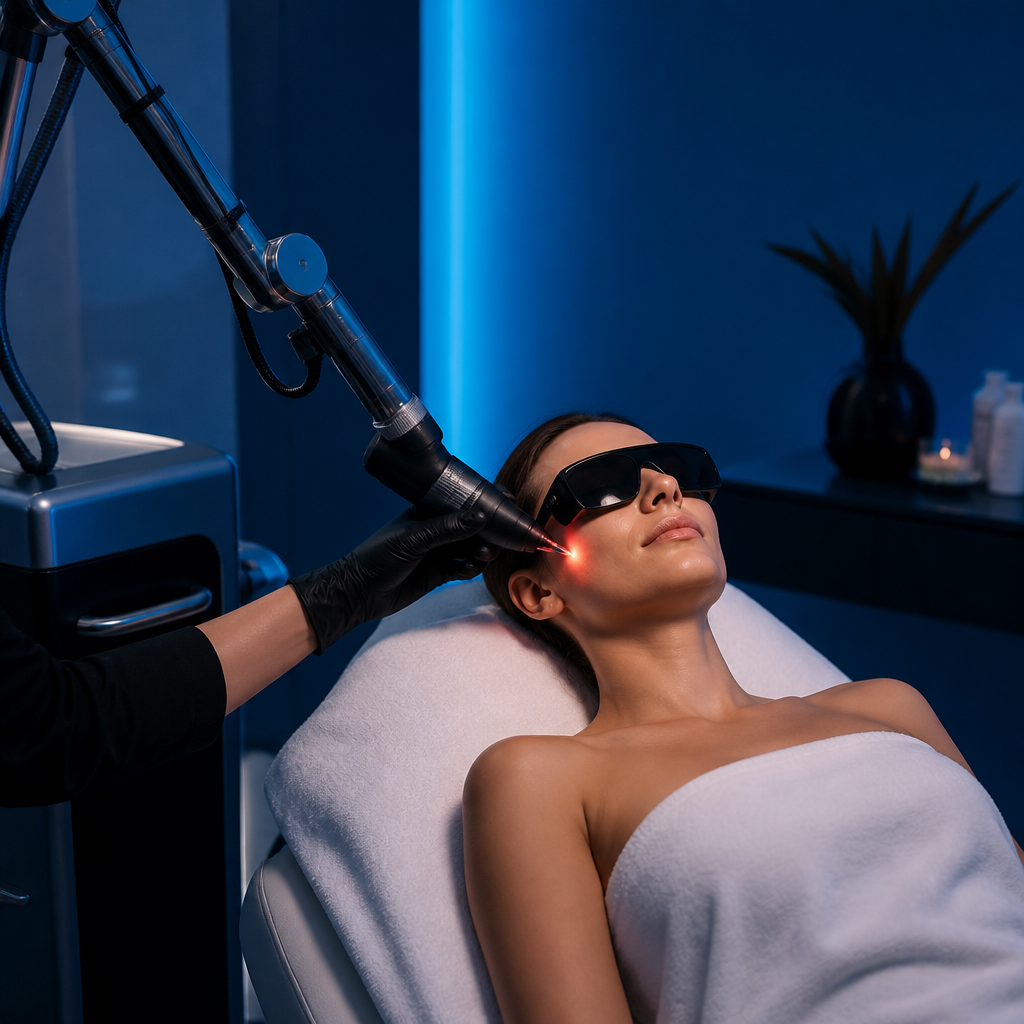 Khách hàng đang trải nghiệm liệu trình trị nám bằng máy laser Pico hiện đại tại thẩm mỹ viện