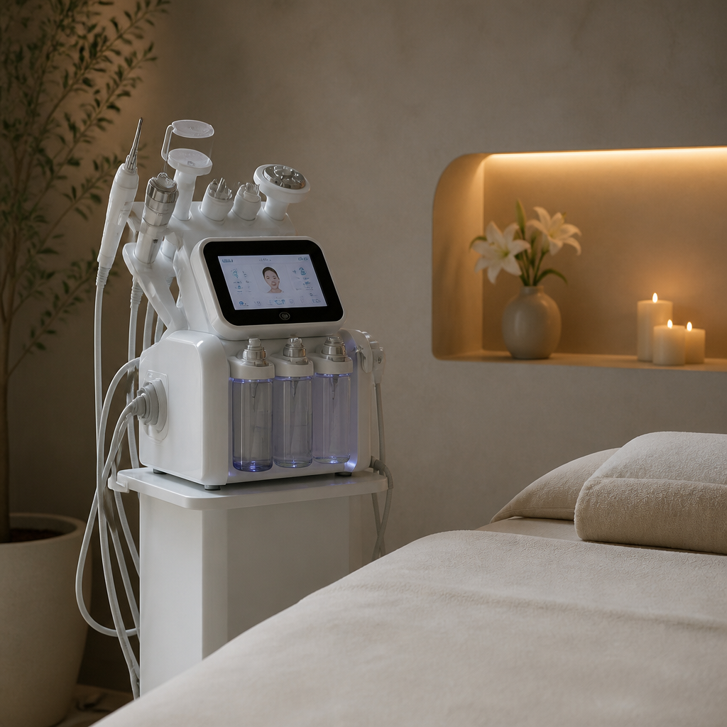 Hình ảnh một kỹ thuật viên đang vận hành máy ánh sáng sinh học cho khách hàng tại spa