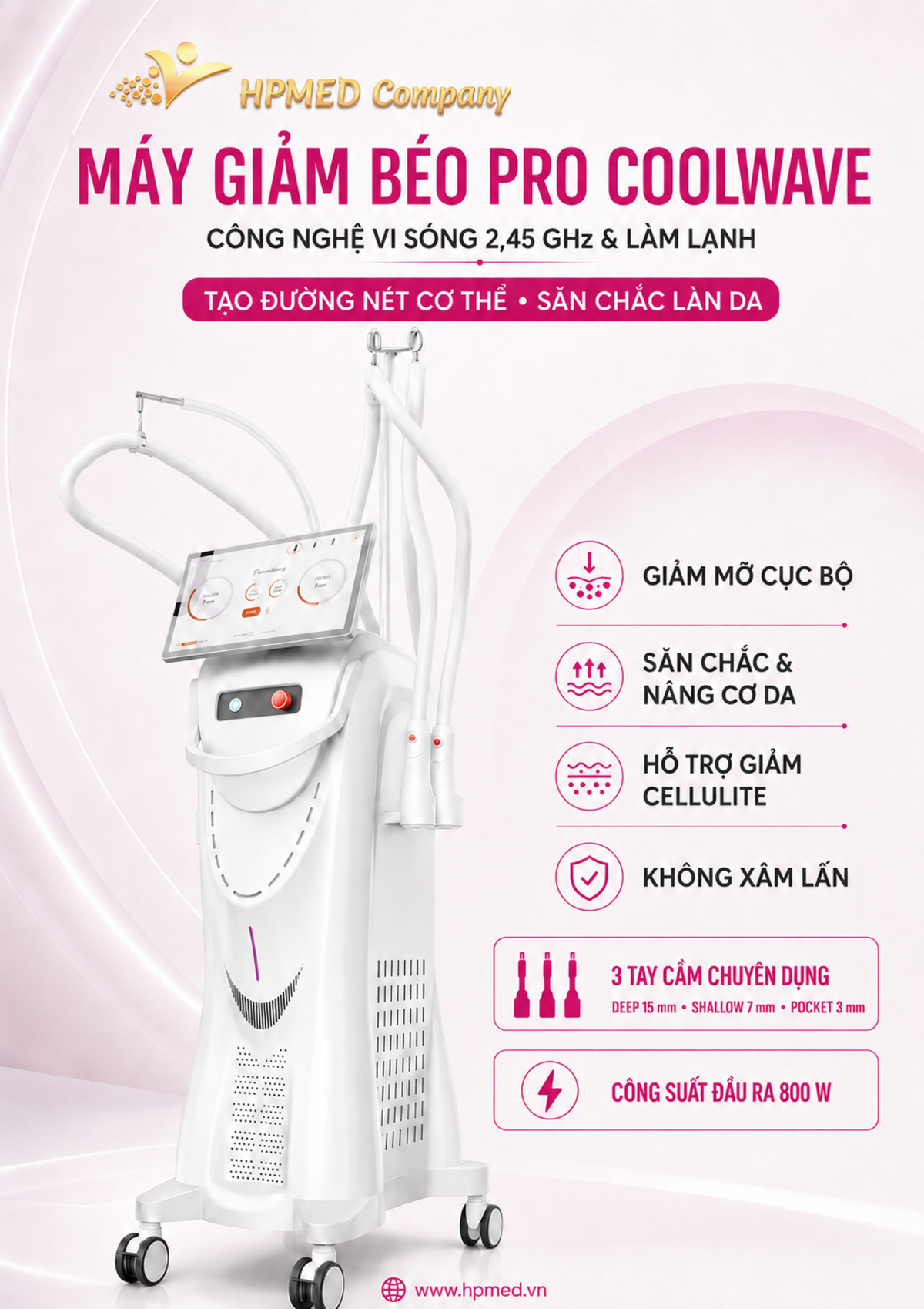 Máy Giảm Béo Pro CoolWave 2,45 GHz: Cấu Hình & Tư Vấn 1 Máy giảm béo Pro CoolWave 2,45 GHz với 3 tay cầm Deep Shallow Pocket - HPMED