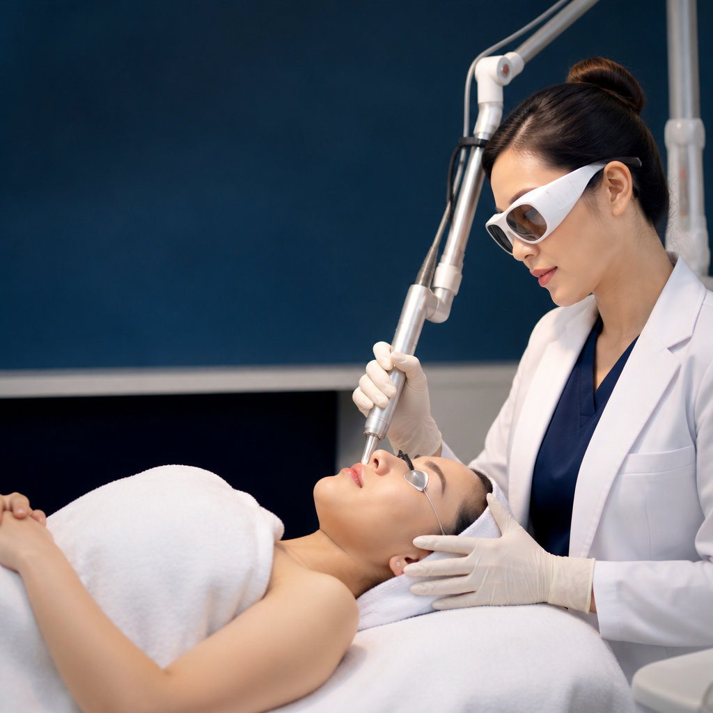Bác sĩ đang thăm khám da mặt cho khách hàng trước khi điều trị với máy laser 1450nm