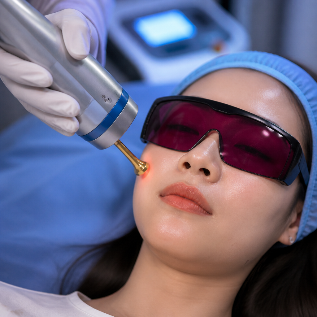 Khách hàng đang nhận liệu trình triệt lông bằng máy laser Alexandrite