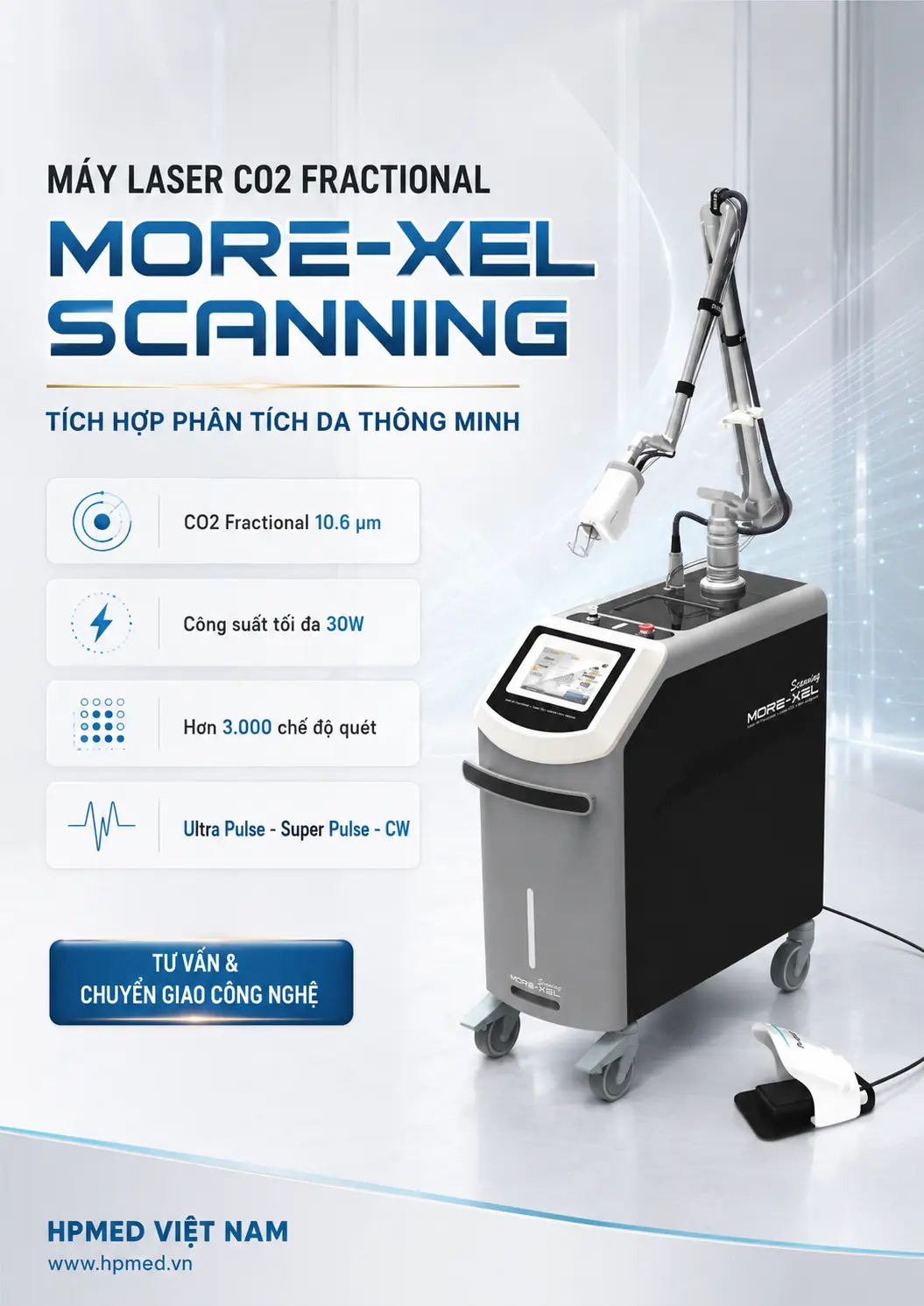 Máy Laser CO2 Fractional MORE-XEL Scanning: Quét Thông Minh, Phân Tích Da Tích Hợp 1 Máy laser CO2 Fractional MORE-XEL Scanning tích hợp phân tích da do HPMED cung cấp