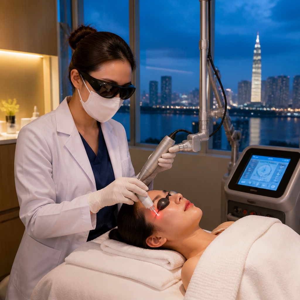 Một chuyên viên đang vận hành máy laser erbium 1550nm trên da mặt của khách hàng.