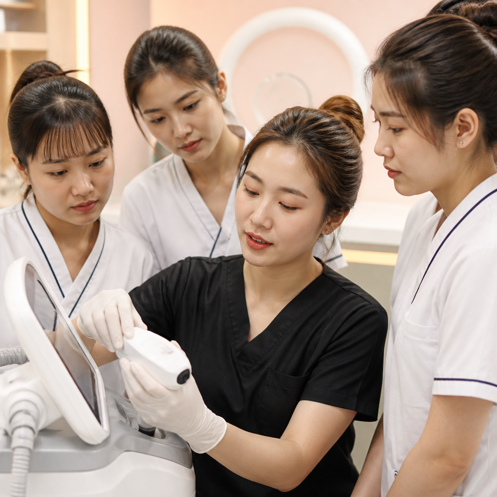Kỹ thuật viên đang được đào tạo vận hành thiết bị thẩm mỹ