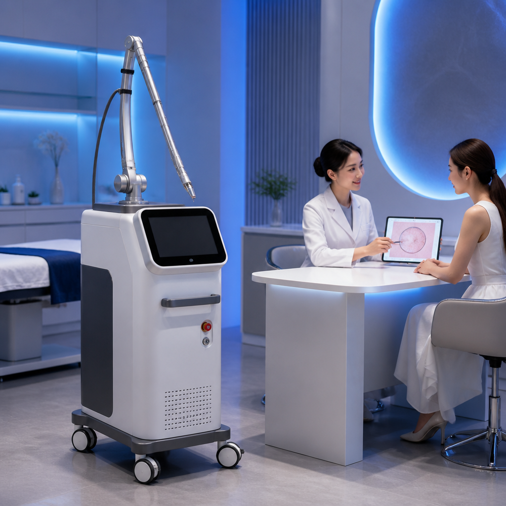 Chuyên gia đang điều chỉnh máy laser Thulium 1927nm và tư vấn liệu trình điều trị da cho khách hàng.