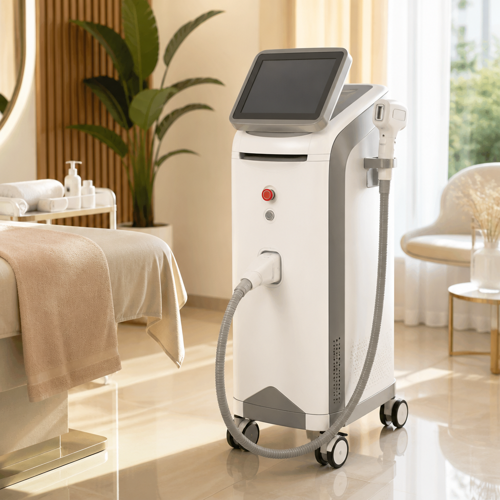 Máy laser xung dài đang được sử dụng để triệt lông trong không gian spa hiện đại.