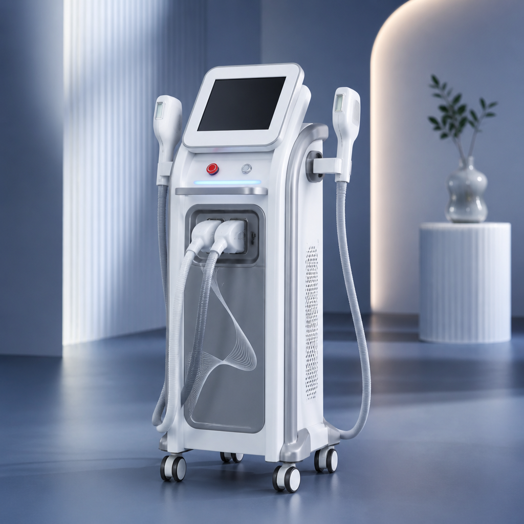 IPL Triệt Lông: Cập Nhật Xu Hướng Công Nghệ Mới Và Điều Chỉnh Chiến Lược Spa 2 Một kỹ thuật viên spa đang thao tác trên máy triệt lông IPL E-light mới nhất với màn hình cảm ứng hiển thị các chế độ điều trị.