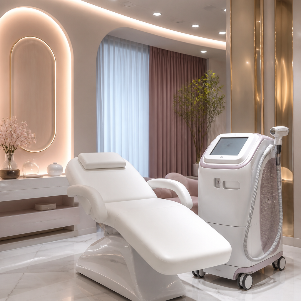 IPL Triệt Lông: Cập Nhật Xu Hướng Công Nghệ Mới Và Điều Chỉnh Chiến Lược Spa 4 Một không gian spa hiện đại với thiết bị thẩm mỹ công nghệ cao, ánh sáng xanh dịu nhẹ, tượng trưng cho tương lai của công nghệ IPL.