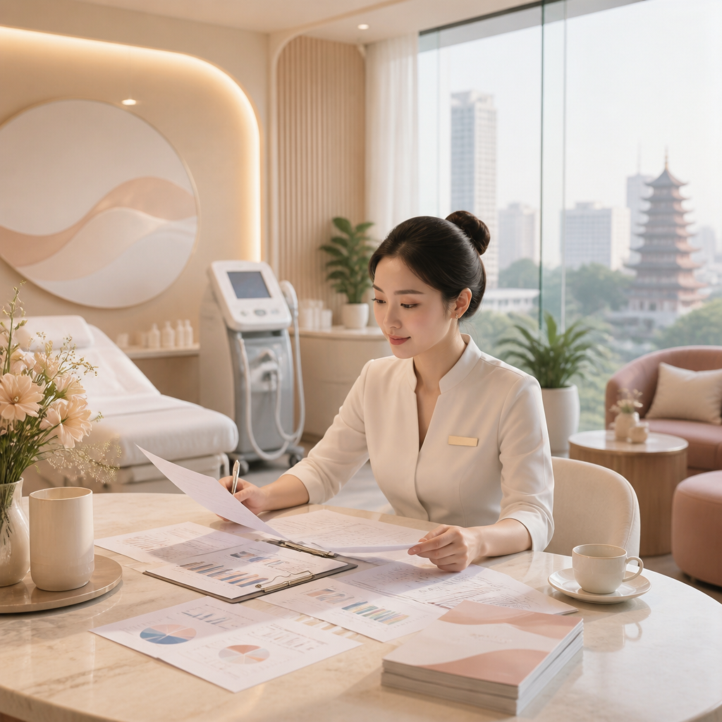 IPL Triệt Lông: Cập Nhật Xu Hướng Công Nghệ Mới Và Điều Chỉnh Chiến Lược Spa 5 Một quản lý spa đang xem xét báo cáo phân tích thị trường và dữ liệu doanh thu trên máy tính bảng để đưa ra quyết định kinh doanh chiến lược.