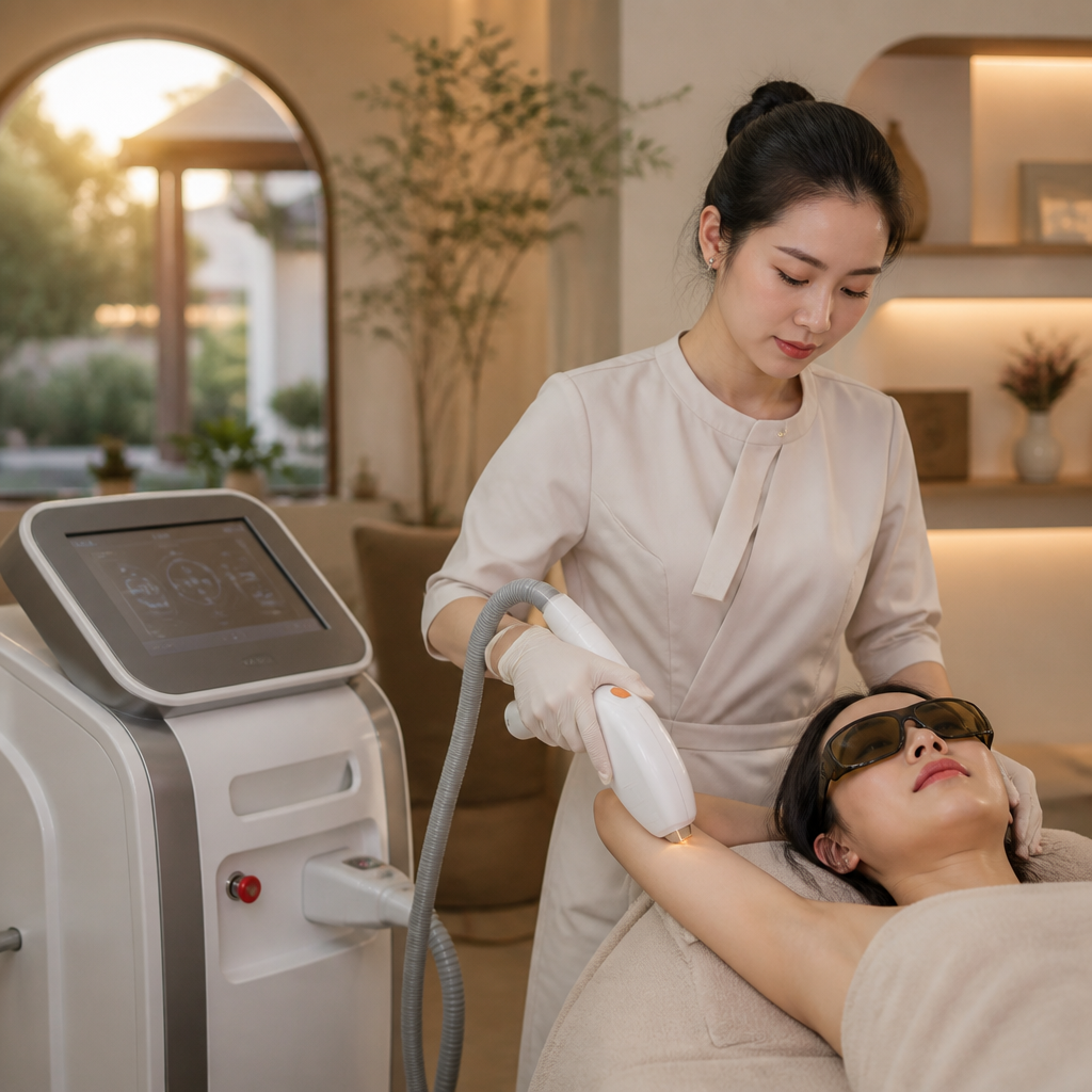 Máy Triệt Lông Lạnh 2026: Phân Tích Công Nghệ & Hiệu Quả Tối Ưu Cho Spa 1 Hình ảnh minh họa nguyên lý hoạt động của máy triệt lông lạnh với đầu làm mát tiếp xúc trực tiếp lên da.