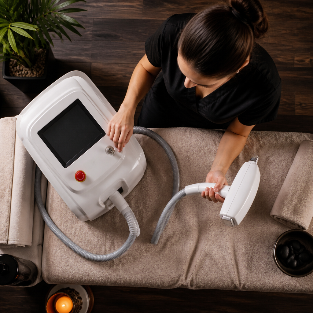 Chủ spa đang xem xét thông số kỹ thuật của một máy triệt lông cao cấp, thể hiện sự cân nhắc kỹ lưỡng về chi phí và lợi nhuận đầu tư