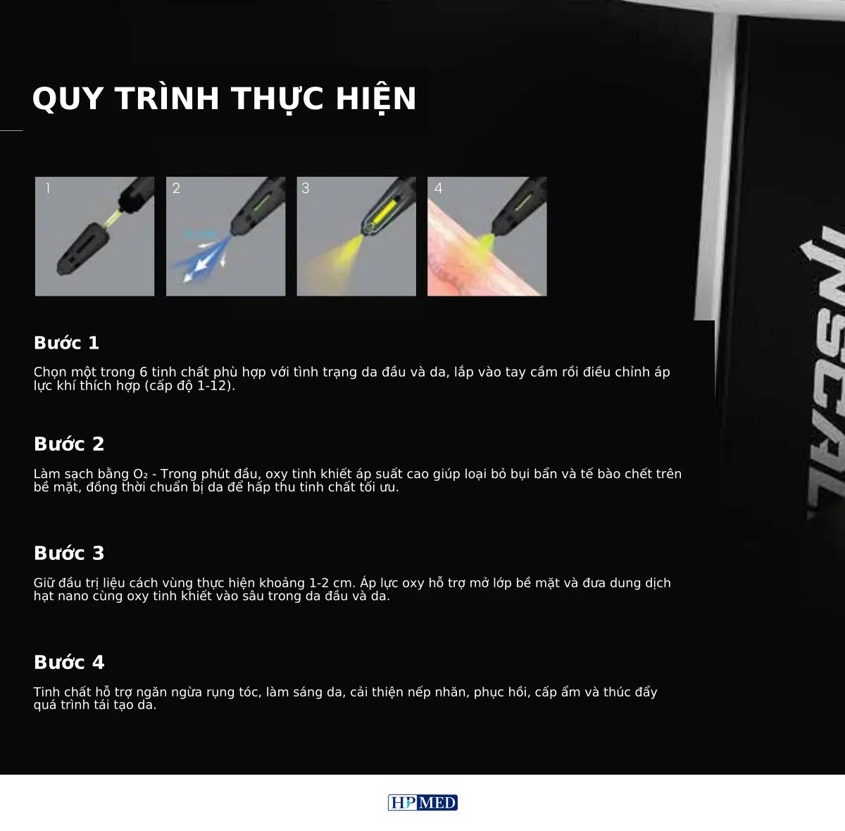 Máy Chăm Sóc Da Đầu INSCALP: Dẫn Truyền Nano O₂ 7 Bar 4 Quy trình bốn bước sử dụng máy chăm sóc da đầu INSCALP