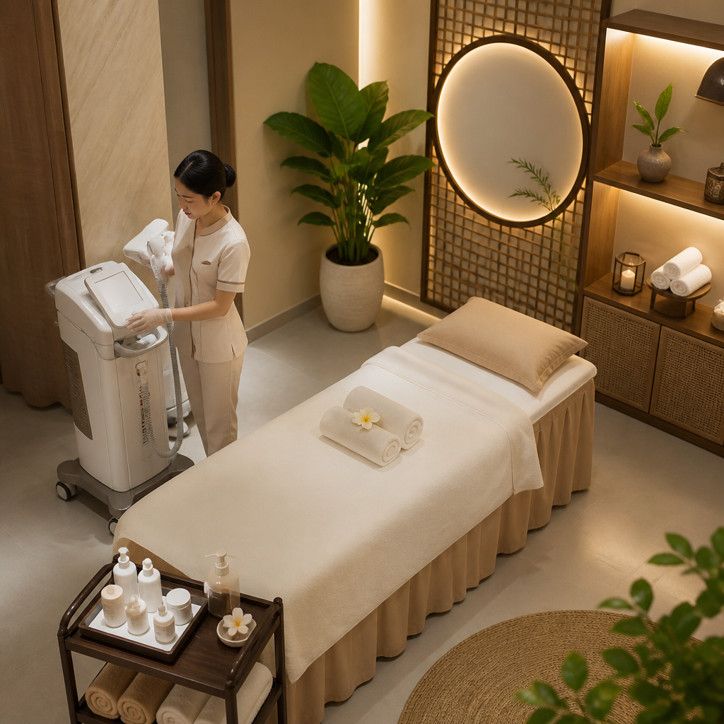 Chuyên viên chuẩn bị thiết bị trị nám spa và đeo kính bảo hộ