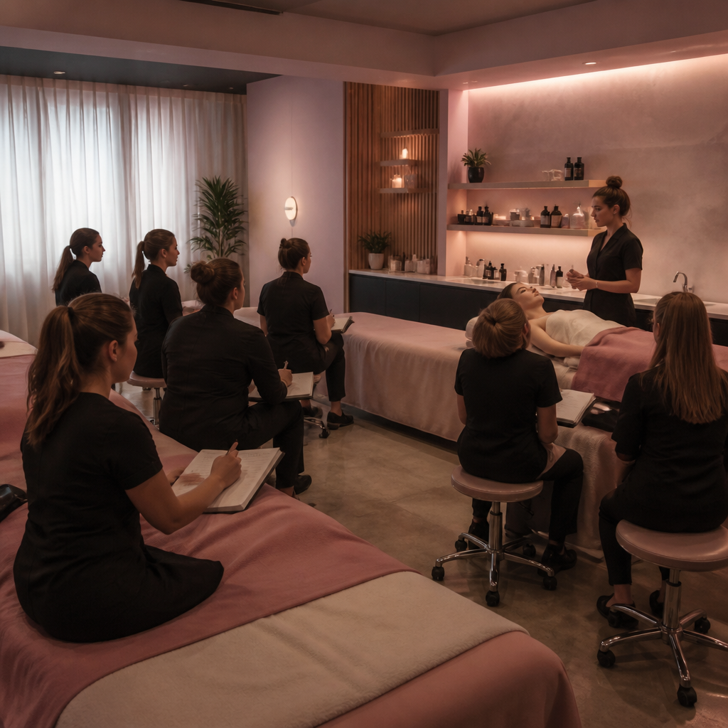 Xu Hướng Đào Tạo Nghề Spa 2026: Kỹ Năng Cần Có Trong Kỷ Nguyên AI & Trải Nghiệm Khách Hàng 1 Lớp học đào tạo spa hiện đại với học viên thực hành công nghệ mới, thể hiện xu hướng đào tạo spa 2026