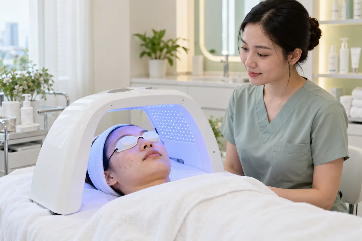 Minh họa chăm sóc da mụn bằng vòm LED với kính bảo vệ mắt và người giám sát