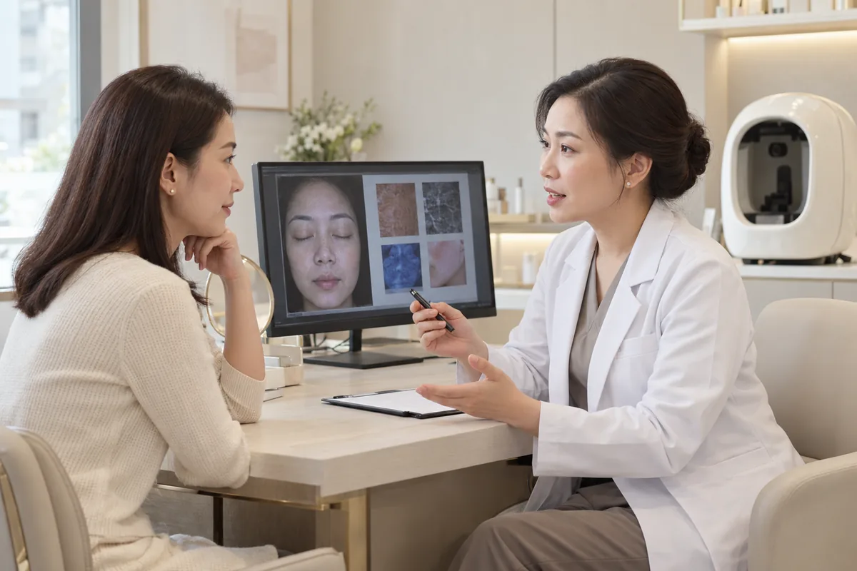 Minh họa bác sĩ da liễu trao đổi với khách hàng bên màn hình ảnh phân tích da