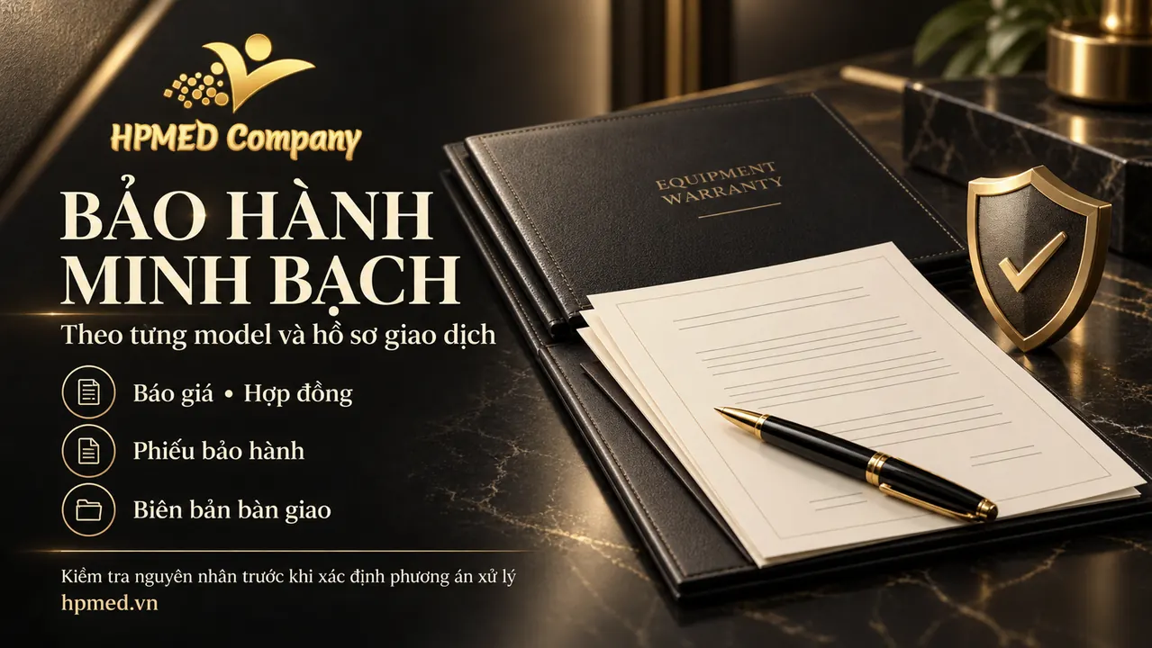 Minh họa hồ sơ bảo hành thiết bị HPMED gồm báo giá, hợp đồng, phiếu bảo hành và biên bản bàn giao