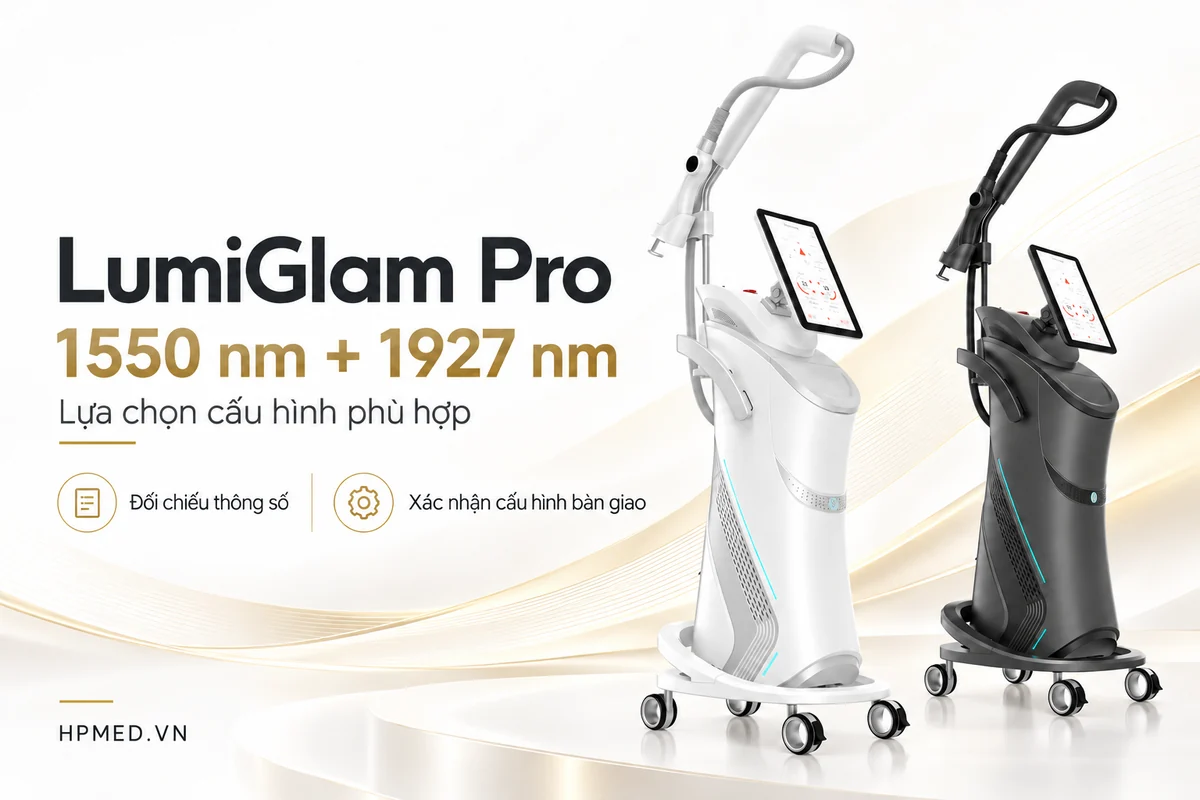 Hai hình ảnh máy LumiGlam Pro màu trắng và xám đậm dùng minh họa lựa chọn cấu hình 1550nm kết hợp 1927nm