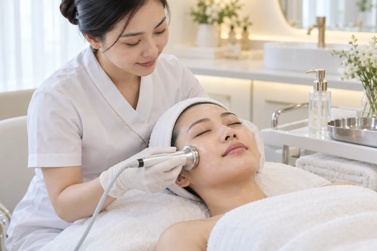Minh họa kỹ thuật viên sử dụng đầu điện di chăm sóc vùng má tại spa