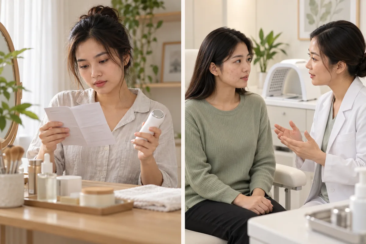 Minh họa đọc hướng dẫn thiết bị chăm sóc da tại nhà và tư vấn da mụn ở phòng khám