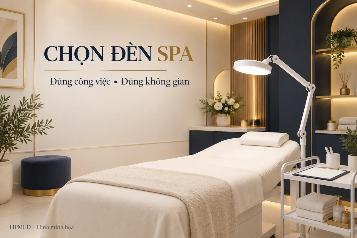 Minh họa đèn chiếu sáng có cần điều chỉnh cạnh giường spa