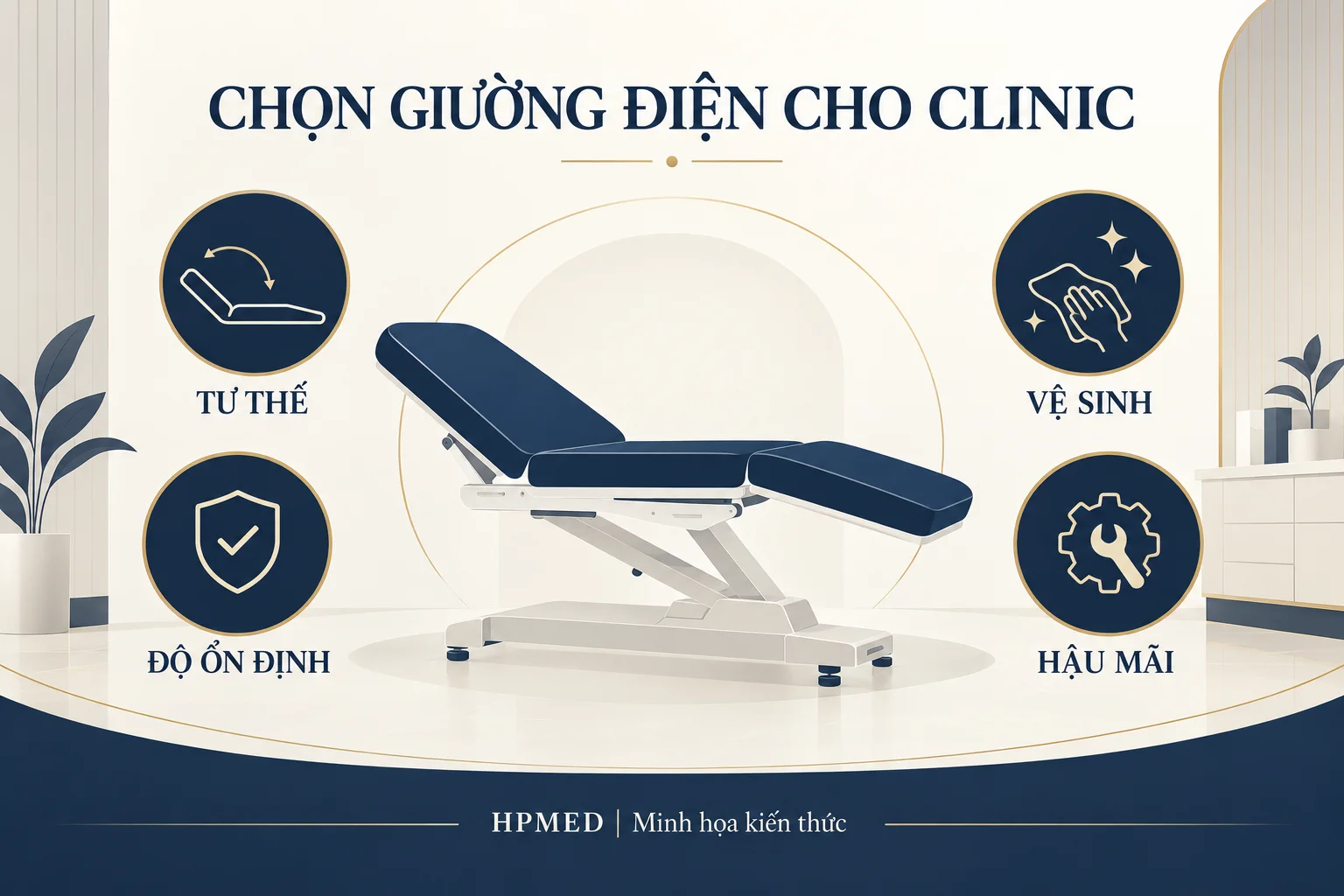 Minh họa giường điện clinic và tiêu chí tư thế, độ ổn định, vệ sinh, hậu mãi.