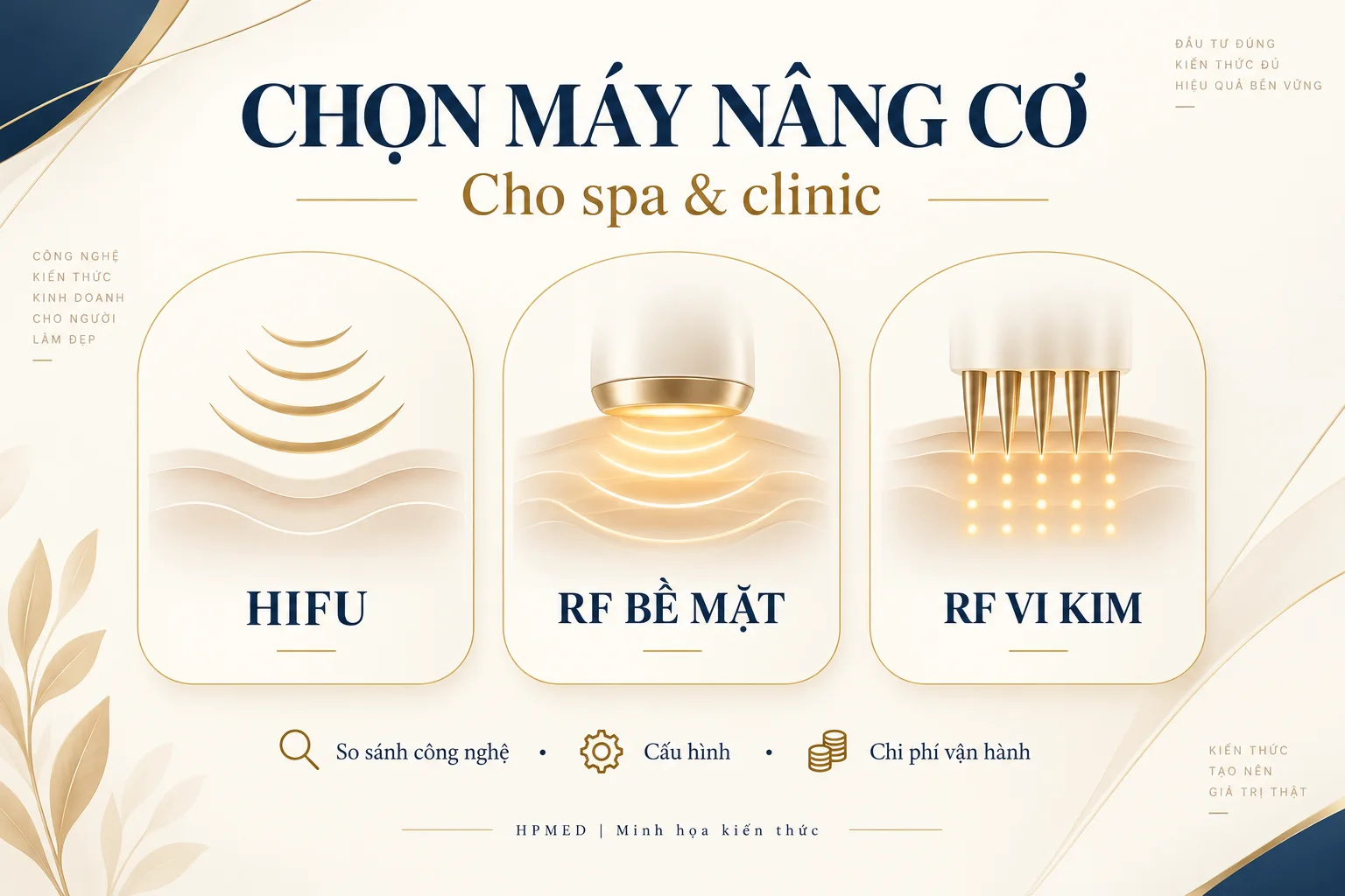 Minh họa ba nhóm công nghệ HIFU, RF bề mặt và RF vi kim khi chọn máy nâng cơ cho spa.
