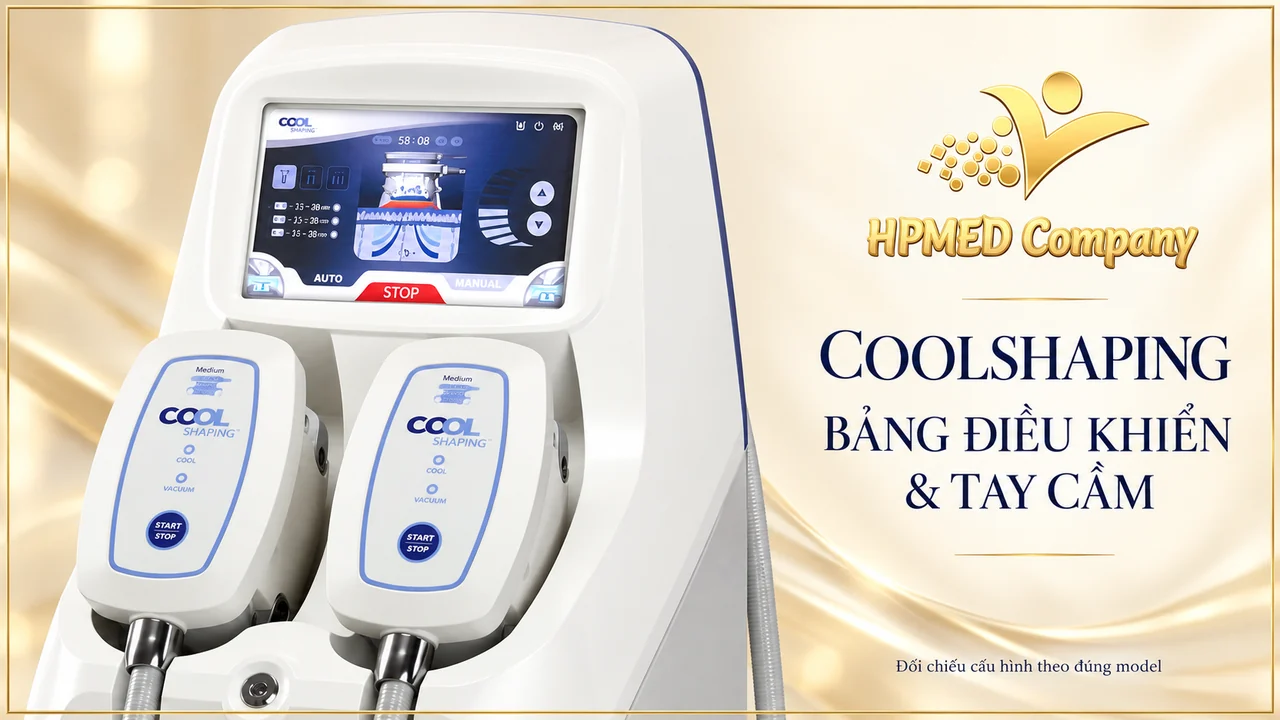 Coolshaping Eunsung: cryolipolysis với nhiều cỡ tay cầm 3 Cận cảnh màn hình điều khiển và hai tay cầm đặt ở mặt trước máy CoolShaping Eunsung.
