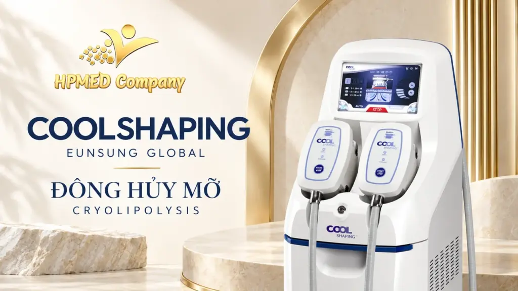 Coolshaping Eunsung: cryolipolysis với nhiều cỡ tay cầm 1 Máy đông hủy mỡ CoolShaping Eunsung màu trắng viền xanh với màn hình và hai tay cầm phía trước.