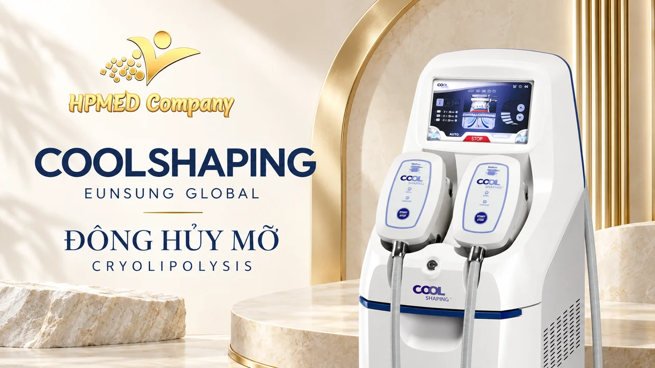 Máy đông hủy mỡ CoolShaping Eunsung màu trắng viền xanh với màn hình và hai tay cầm phía trước.