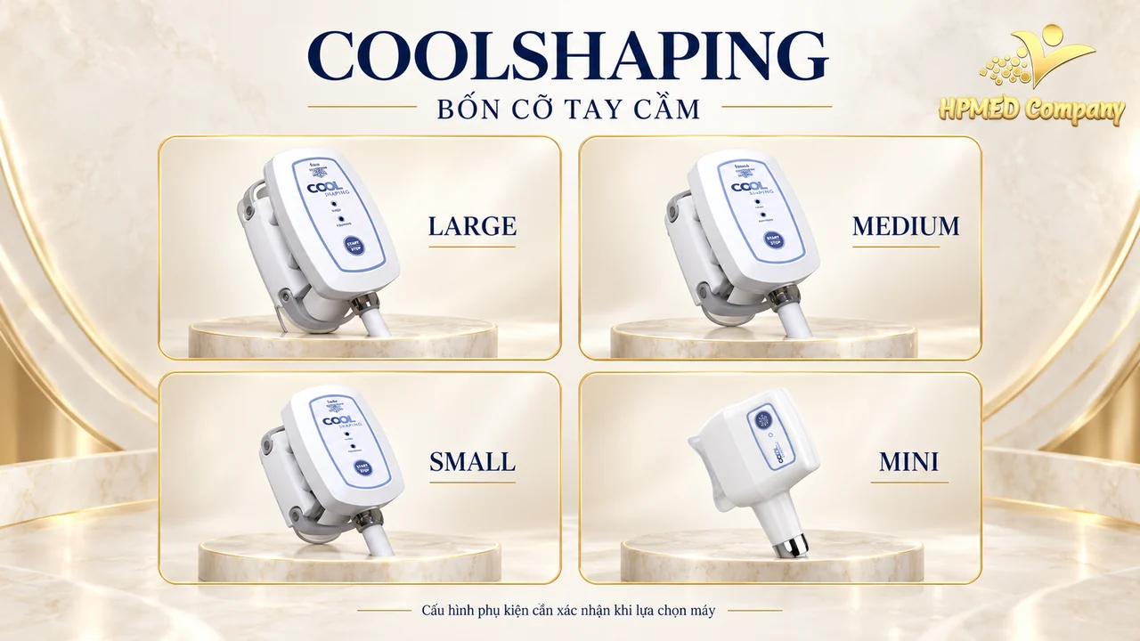Coolshaping Eunsung: cryolipolysis với nhiều cỡ tay cầm 2 Bốn cỡ tay cầm CoolShaping Eunsung màu trắng: Large, Medium, Small và Mini.