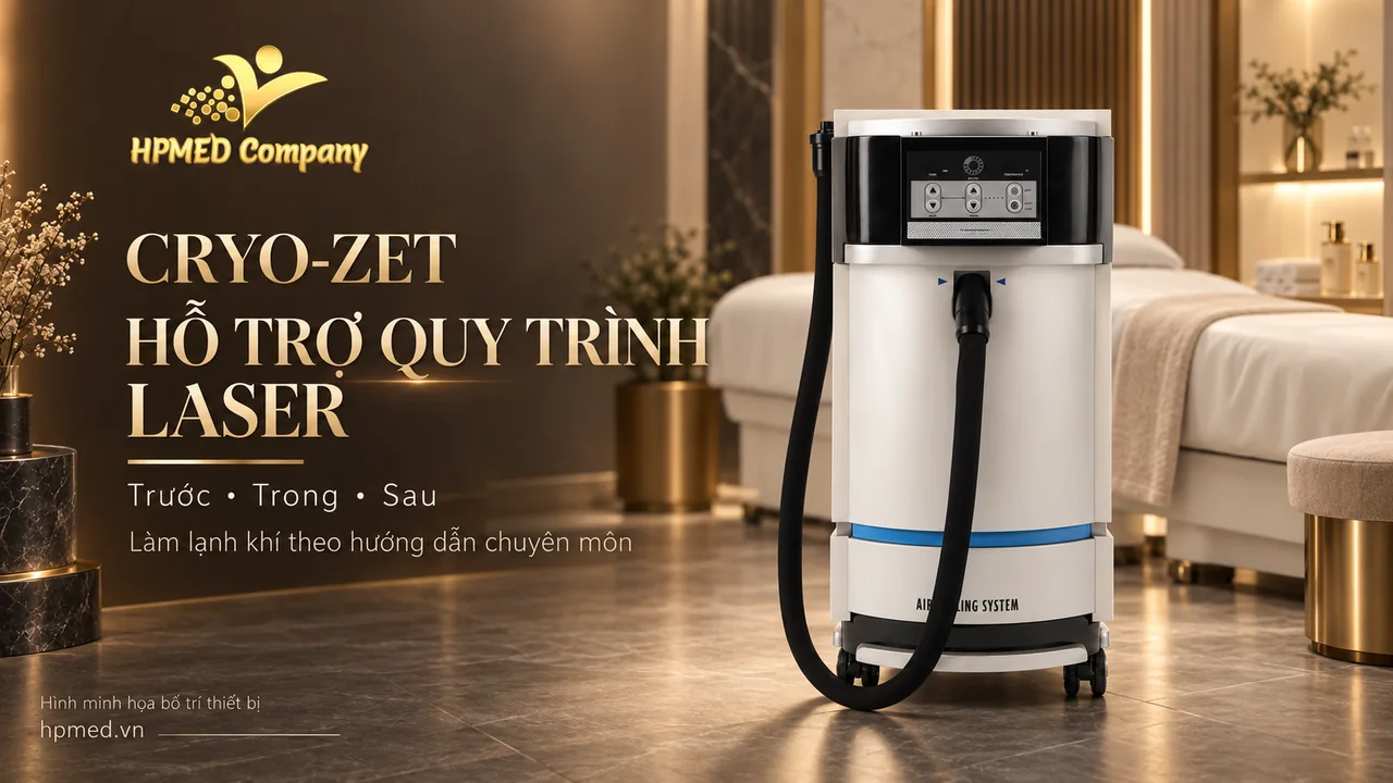 Minh họa máy CRYO-ZET IDS đặt cạnh giường thủ thuật trong phòng laser