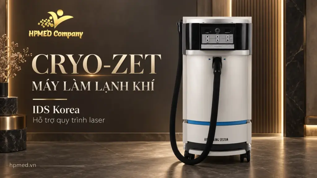 Máy làm lạnh khí CRYO-ZET IDS với ống khí đen, bảng điều khiển phía trước và bánh xe