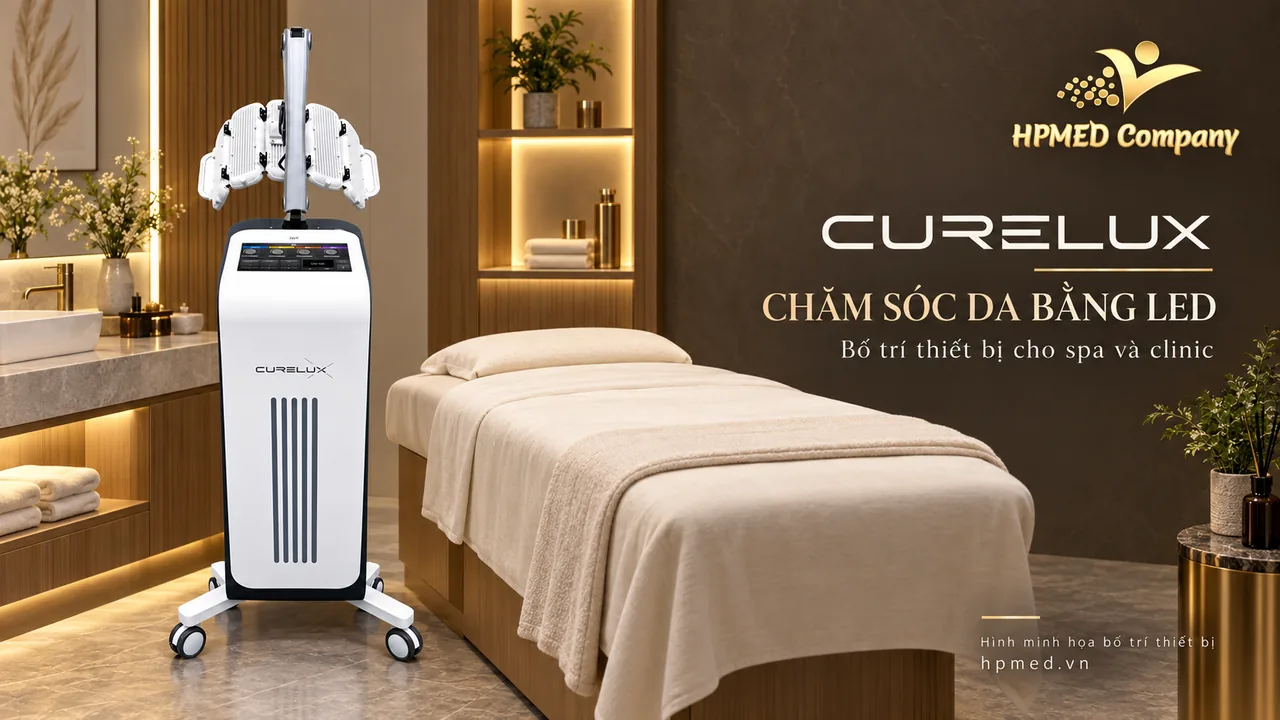 CURELUX IDS – Minh họa bố trí thiết bị LED tại spa và clinic Minh họa thiết bị LED CURELUX IDS đặt cạnh giường chăm sóc da trong spa và clinic