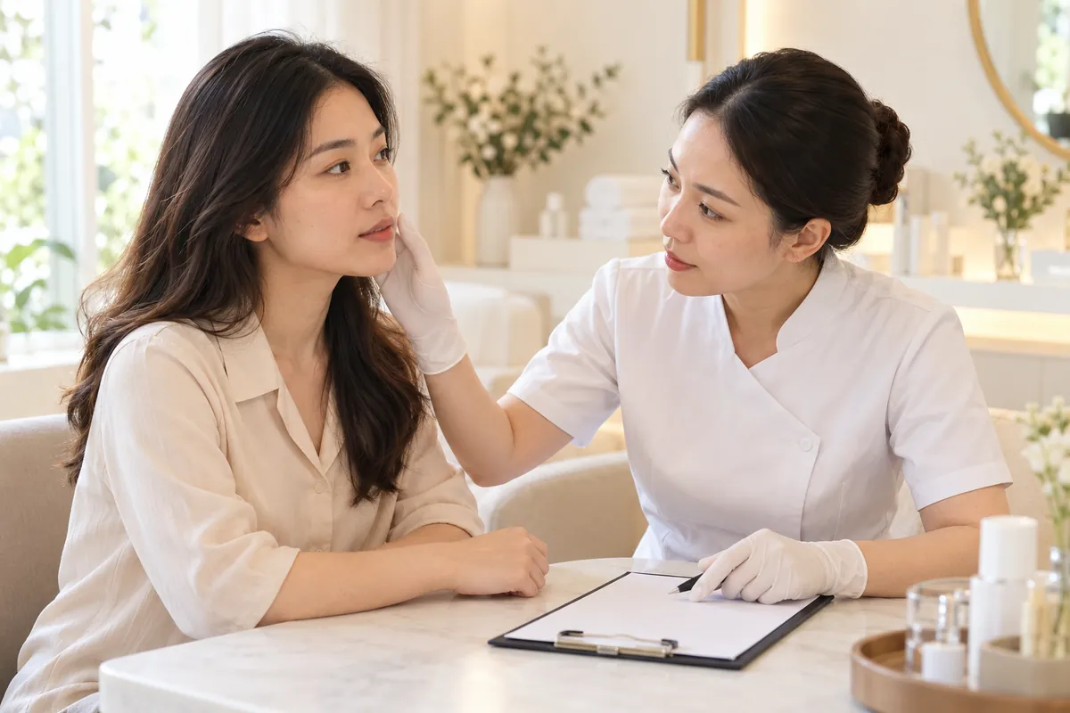 Minh họa kỹ thuật viên trao đổi và đánh giá tình trạng da trước khi điện di