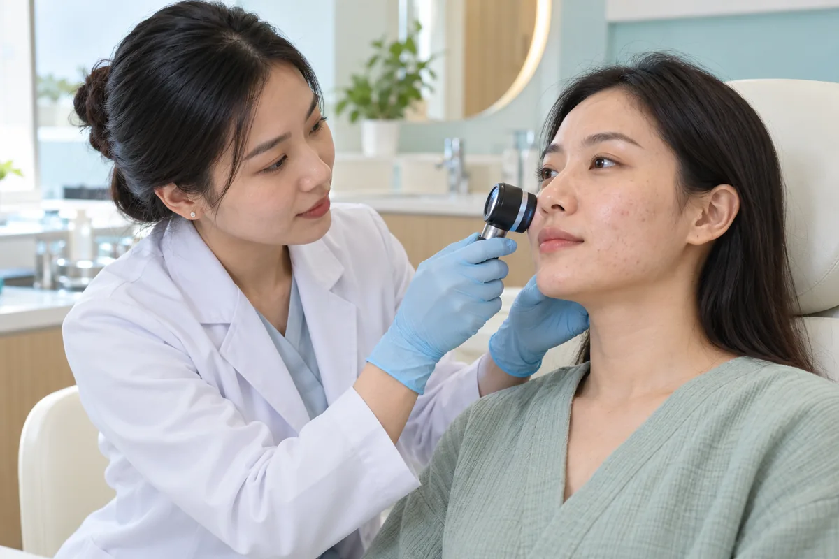 Bác sĩ dùng thiết bị soi da cầm tay đánh giá vùng má có mụn trước khi cân nhắc laser 1450nm.