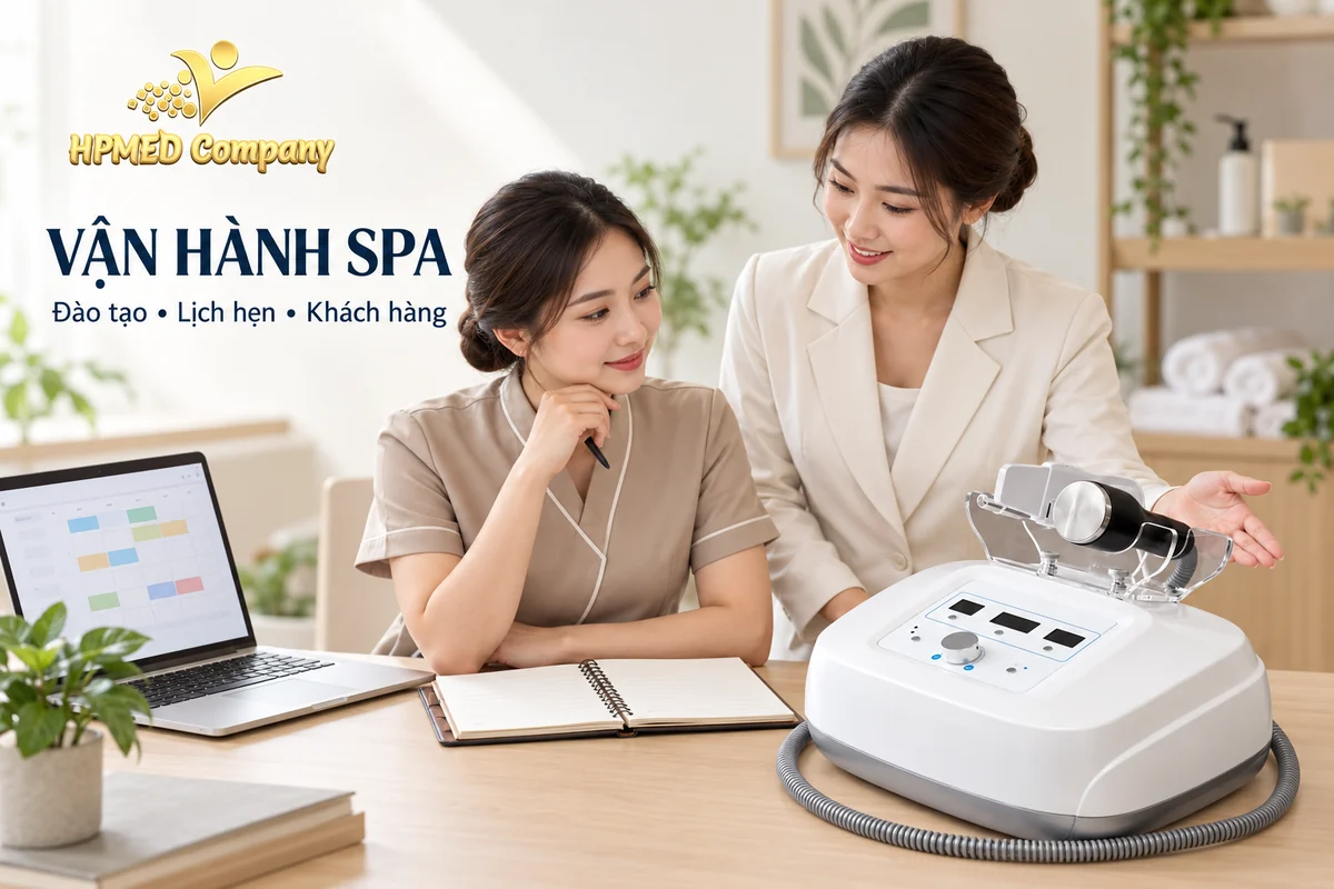 Minh họa trao đổi đào tạo vận hành máy Cool Relax II bên lịch hẹn và sổ ghi chép