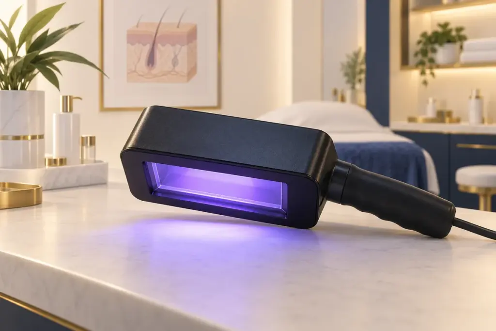 Minh họa đèn Wood cầm tay dùng quan sát da